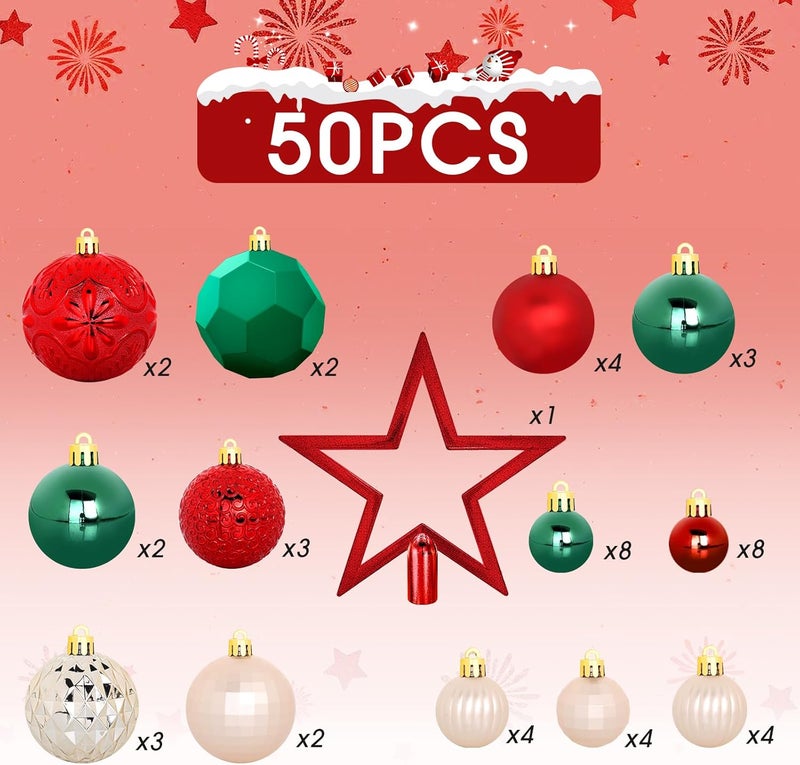 TranquilBliss 50 Pcs Christmas Ornaments Set with Strings, Christmas Ball Ornaments Set with Hanging Strings, Shatterproof Christmas Decorations Ornaments for Xmas Tree (Red and Green) - Image 3
